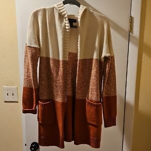 Tahari Cream and Pumpkin Color Hooded Open Front Cardigan